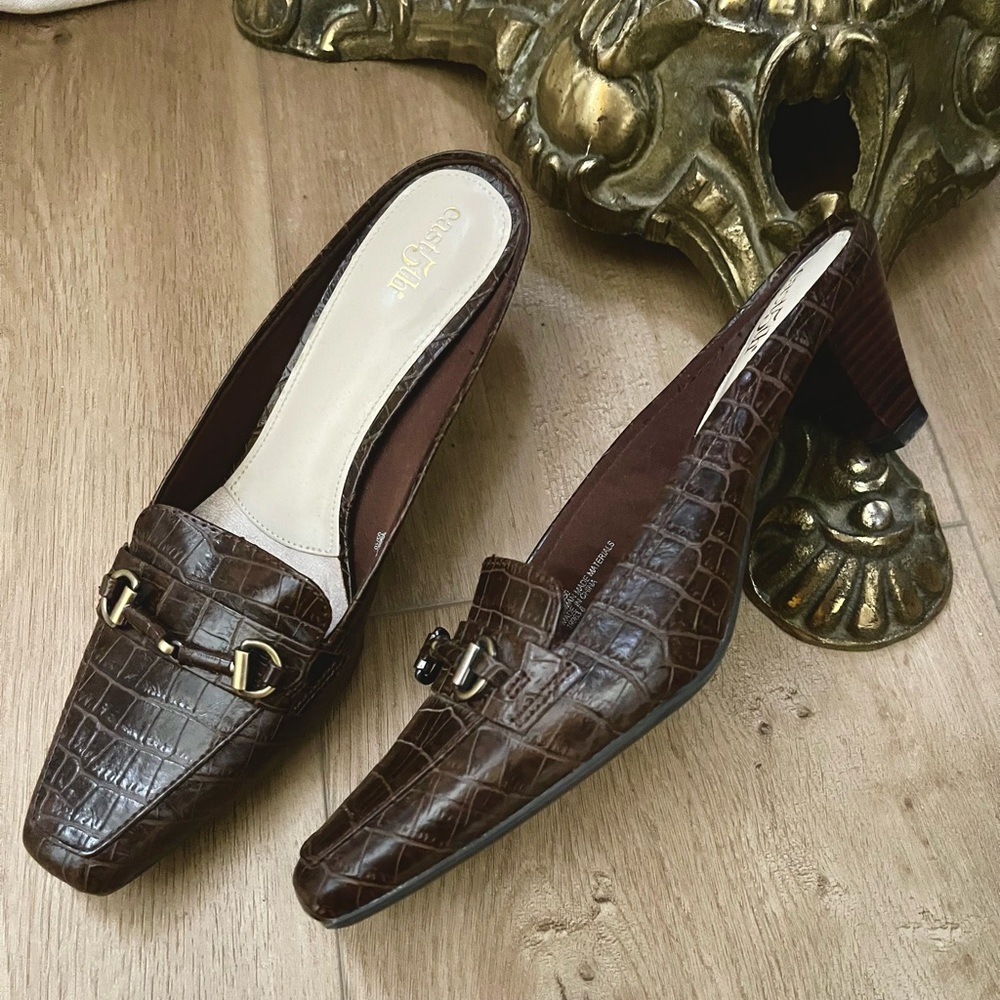 East 5th Brown Crocodile Embossed Point Square Toe Mule Loafers Size 8